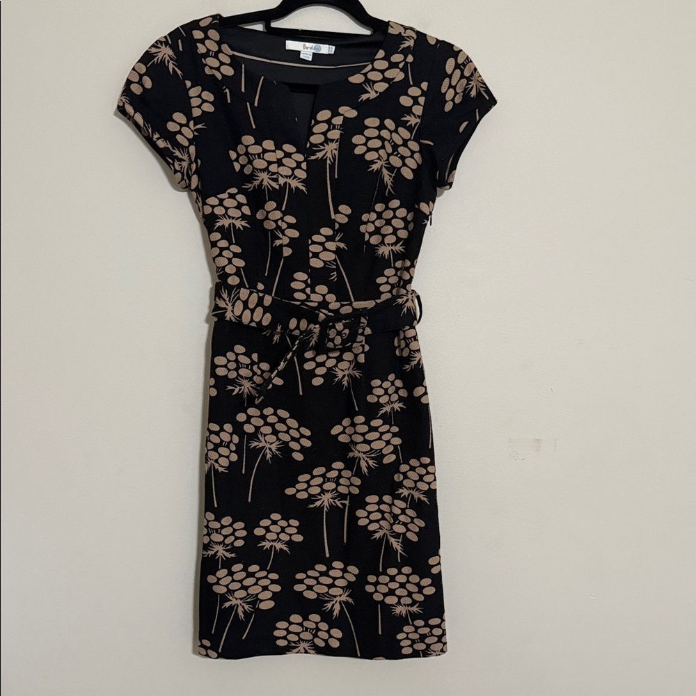 Boden Black tan Floral Mini Dress textured Shift women 4P waist belt office